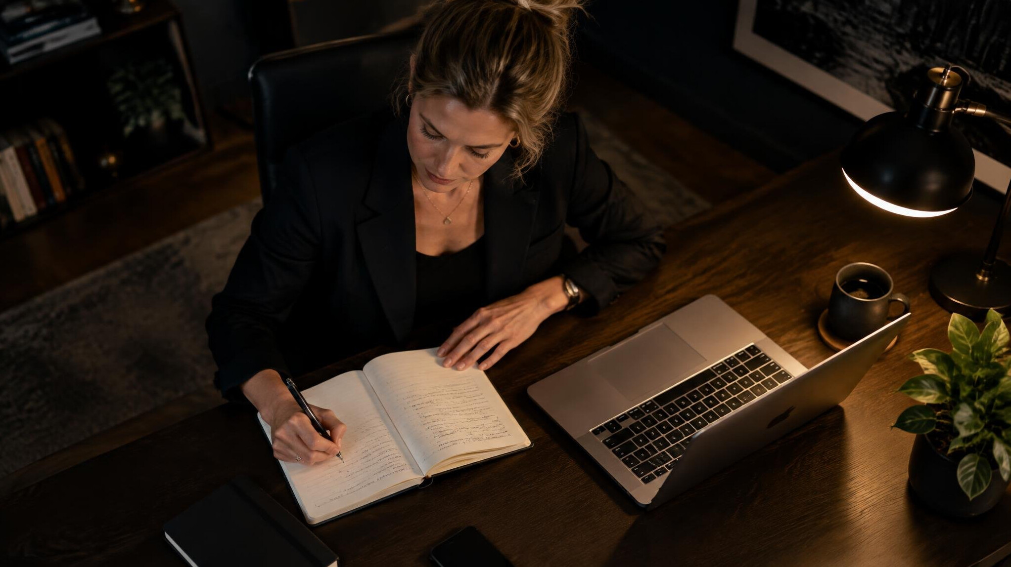 Business professional taking notes with a laptop at night