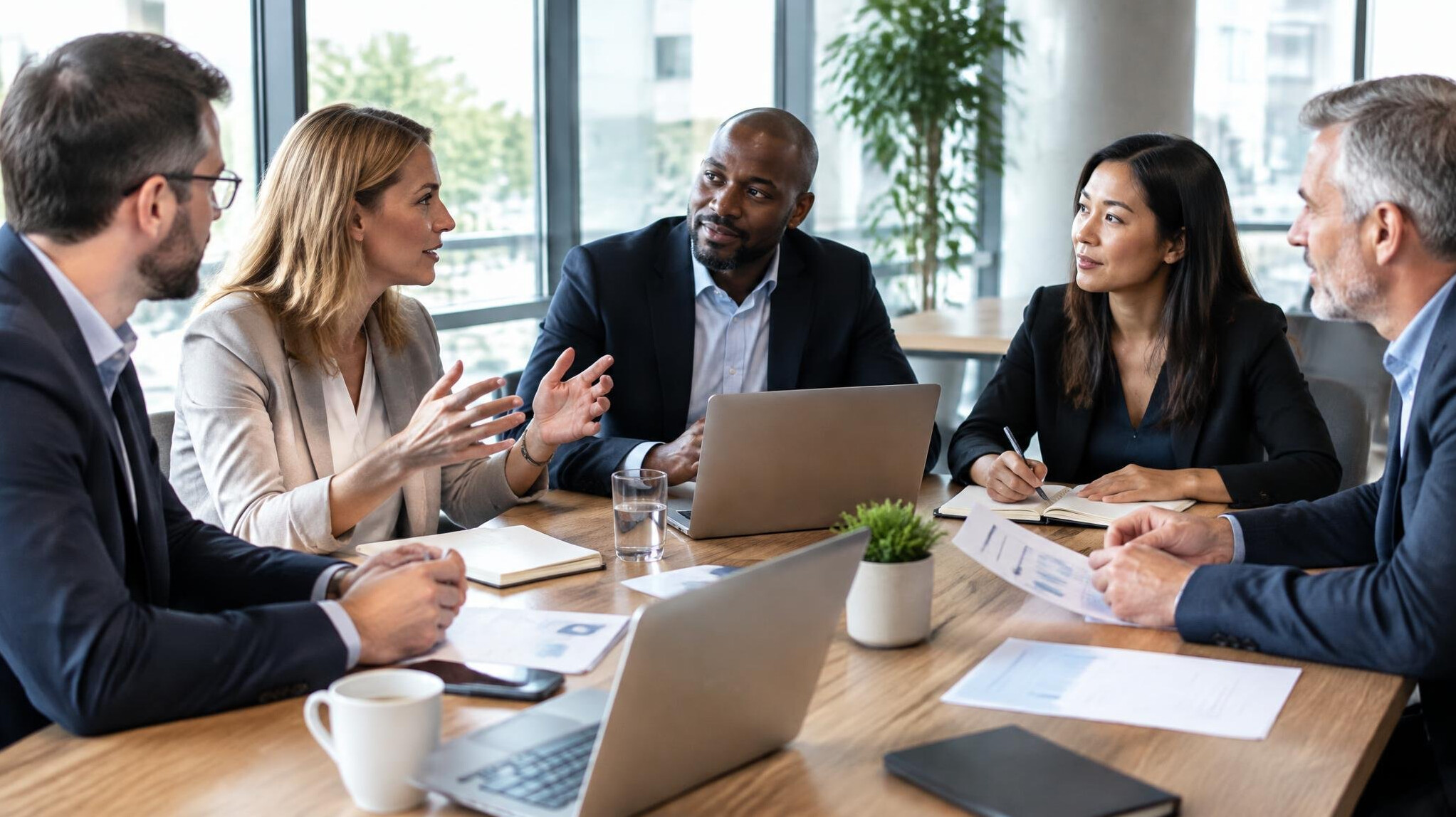 Diverse group of business leaders discussing around a table